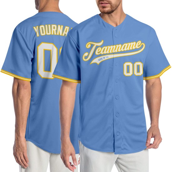 Benutzerdefiniertes authentisches weiß-goldblaues Baseballtrikot Benutzerdefiniertes authentisches weiß-goldblaues Baseballtrikot