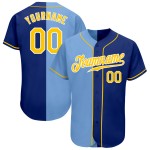 Authentisches, individuelles Baseball-Trikot in Königsblau und Gold-Hell-Mode mit geteiltem Saum Authentisches, individuelles Baseball-Trikot in Königsblau und Gold-Hell-Mode mit geteiltem Saum