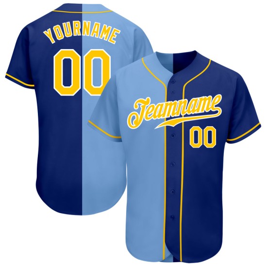 Authentisches, individuelles Baseball-Trikot in Königsblau und Gold-Hell-Mode mit geteiltem Saum Authentisches, individuelles Baseball-Trikot in Königsblau und Gold-Hell-Mode mit geteiltem Saum