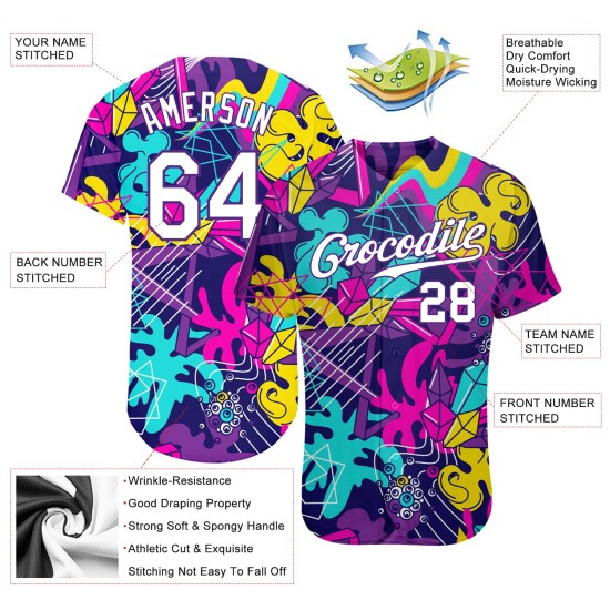 Jersey 3D Graffiti Custom Weiß-Lila Authentische Muster Baseball Jersey 3D Graffiti Custom Weiß-Lila Authentische Muster Baseball