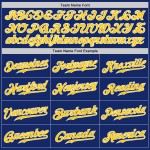 Authentisches, individuelles Baseball-Trikot in Königsblau und Gold-Hell-Mode mit geteiltem Saum Authentisches, individuelles Baseball-Trikot in Königsblau und Gold-Hell-Mode mit geteiltem Saum