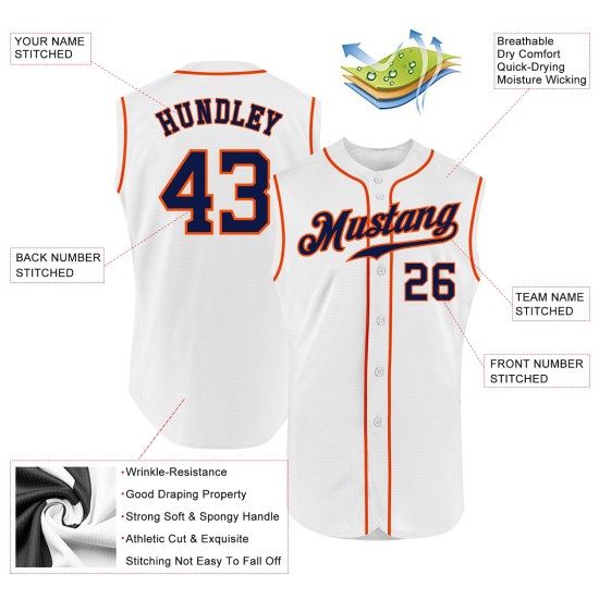 Baseball Navy-Orange Jersey Custom Authentic Ärmellos Weiß Baseball Navy-Orange Jersey Custom Authentic Ärmellos Weiß
