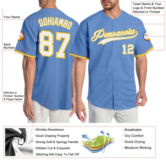 Benutzerdefiniertes authentisches weiß-goldblaues Baseballtrikot Benutzerdefiniertes authentisches weiß-goldblaues Baseballtrikot