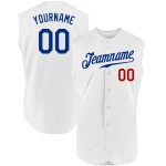 Weißes ärmelloses authentisches benutzerdefiniertes Baseball-Trikot Royal-Rot Weißes ärmelloses authentisches benutzerdefiniertes Baseball-Trikot Royal-Rot