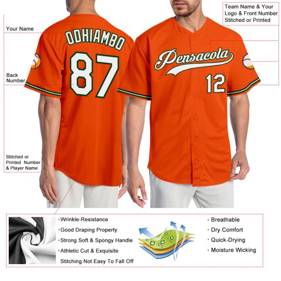 Custom Jersey Baseball Orange Authentic Weiß-Grün Custom Jersey Baseball Orange Authentic Weiß-Grün