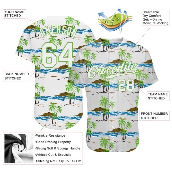Weißes Trikot Weiß-Neon Benutzerdefiniertes grünes 3D-Muster Baseball-Design Strände Authentisch Weißes Trikot Weiß-Neon Benutzerdefiniertes grünes 3D-Muster Baseball-Design Strände Authentisch