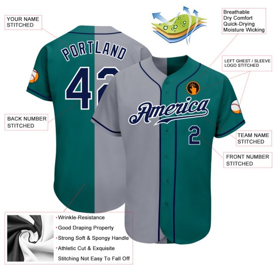 Authentisches, individuell geteiltes Baseball-Trikot, Marineblau-Grau, modisches Blaugrün Authentisches, individuell geteiltes Baseball-Trikot, Marineblau-Grau, modisches Blaugrün