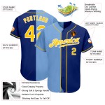 Authentisches, individuelles Baseball-Trikot in Königsblau und Gold-Hell-Mode mit geteiltem Saum Authentisches, individuelles Baseball-Trikot in Königsblau und Gold-Hell-Mode mit geteiltem Saum