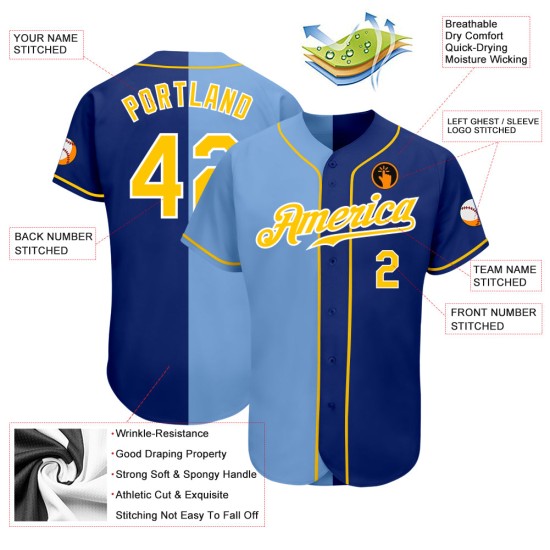 Authentisches, individuelles Baseball-Trikot in Königsblau und Gold-Hell-Mode mit geteiltem Saum Authentisches, individuelles Baseball-Trikot in Königsblau und Gold-Hell-Mode mit geteiltem Saum
