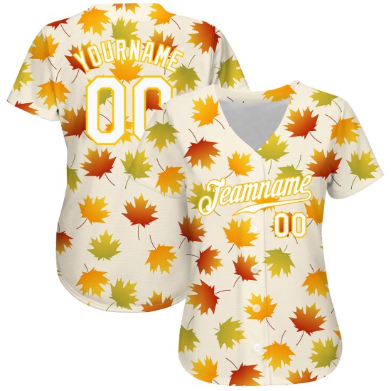 Authentisches Weiß-Gold-Blatt-Baseball-Design Creme Custom Maple Jersey Muster 3D Authentisches Weiß-Gold-Blatt-Baseball-Design Creme Custom Maple Jersey Muster 3D