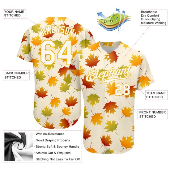 Authentisches Weiß-Gold-Blatt-Baseball-Design Creme Custom Maple Jersey Muster 3D Authentisches Weiß-Gold-Blatt-Baseball-Design Creme Custom Maple Jersey Muster 3D