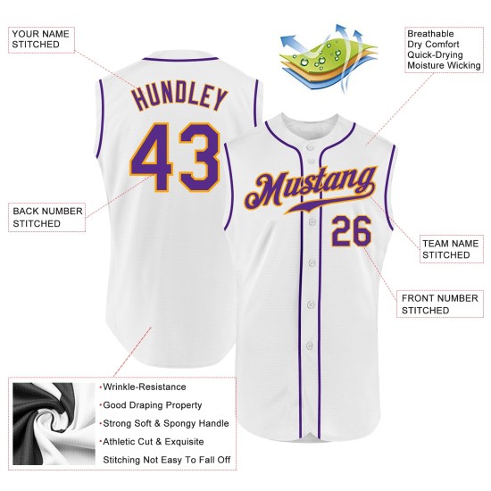 Jersey Baseball Ärmellos Custom Authentic Weiß Lila-Gold Jersey Baseball Ärmellos Custom Authentic Weiß Lila-Gold
