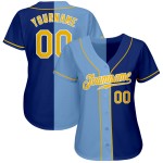 Authentisches, individuelles Baseball-Trikot in Königsblau und Gold-Hell-Mode mit geteiltem Saum Authentisches, individuelles Baseball-Trikot in Königsblau und Gold-Hell-Mode mit geteiltem Saum