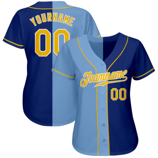 Authentisches, individuelles Baseball-Trikot in Königsblau und Gold-Hell-Mode mit geteiltem Saum Authentisches, individuelles Baseball-Trikot in Königsblau und Gold-Hell-Mode mit geteiltem Saum