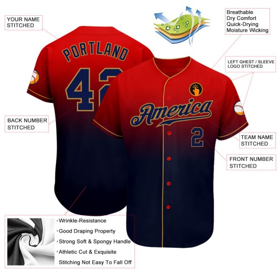 Authentic Fade Fashion Red Custom Jersey Marineblau-Altgold Baseball Authentic Fade Fashion Red Custom Jersey Marineblau-Altgold Baseball